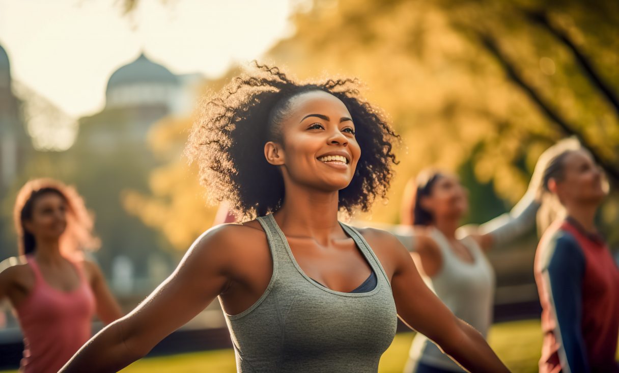 Woman in athletic wear at an outdoor fitness class