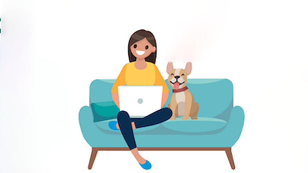 Illustration of woman on laptop sitting on couch with dog