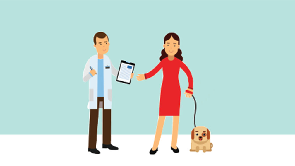 Illustration of woman with dog reaching to a clipboard held by vet