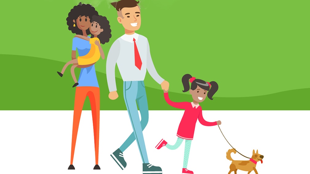 Illustration of family walking a dog together