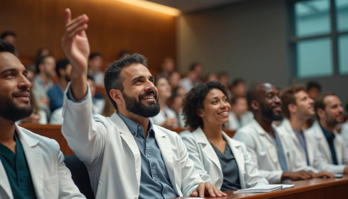 Dental professionals sitting in a presentation, one raising his hand