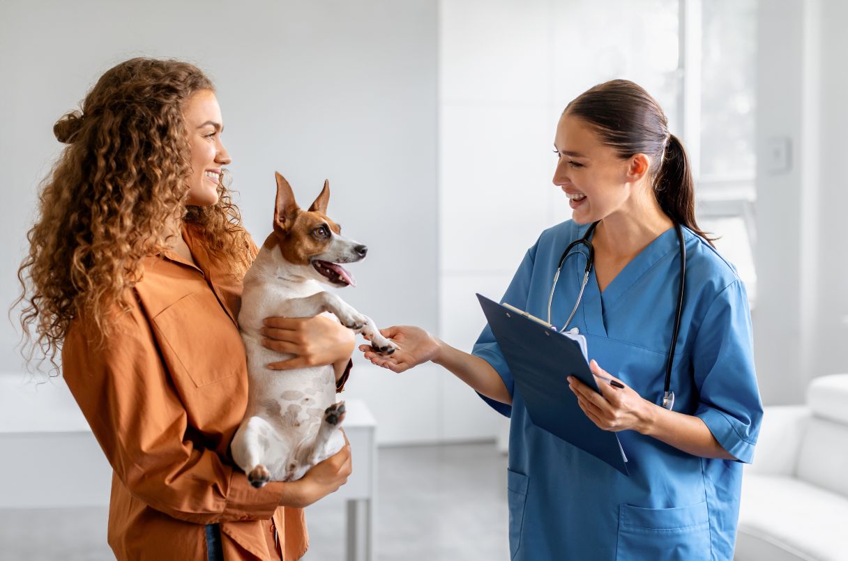 Veterinary professional speaking with woman holding a dog